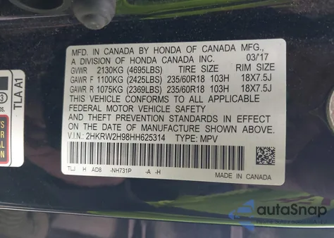 2017 Honda Cr-V Touring из США, поврежденный, VIN 2HKRW2H98HH625314